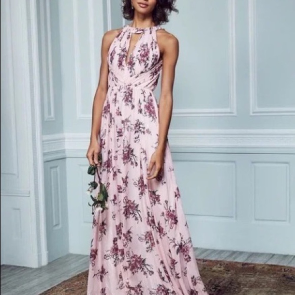 Marchesa Notte Carrara Floral Printed Halter Lurex Chiffon Bridesmaid Maxi Dress - Picture 6 of 7